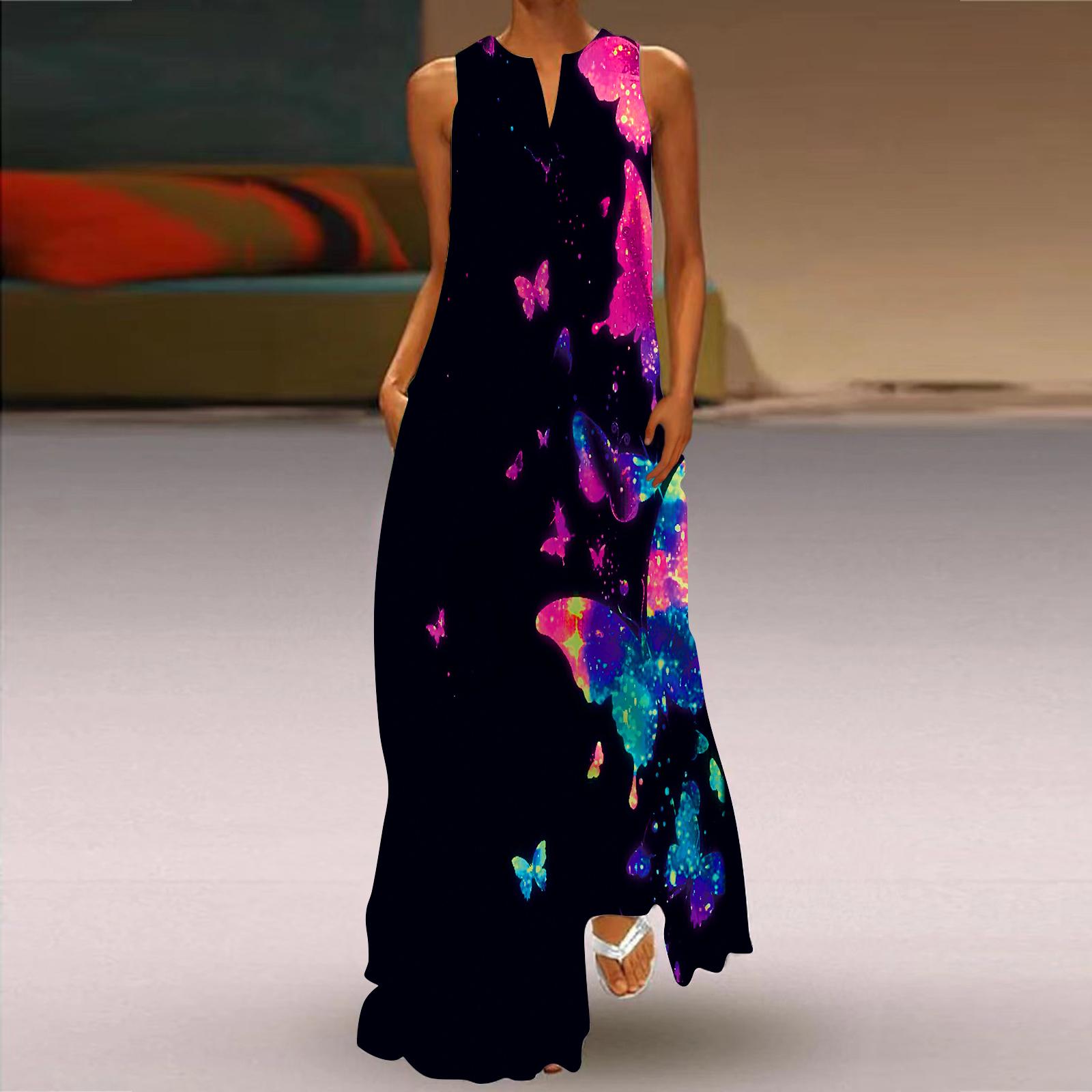 

Жіноча довга сукня трапеції без рукавів з принтом синіх метеликів осінньо-зимового V-подібного вирізу в ретро-елегантному стилі 6XL рожевий