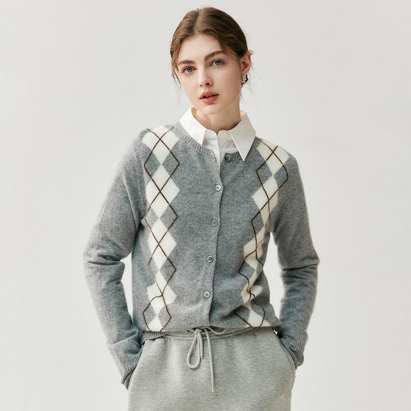 2026 Autumn/Winter Women's Cashmere Cardigan: Round Neck, Diamond Pattern, Contrast Color Knit Wool Sweater Coat