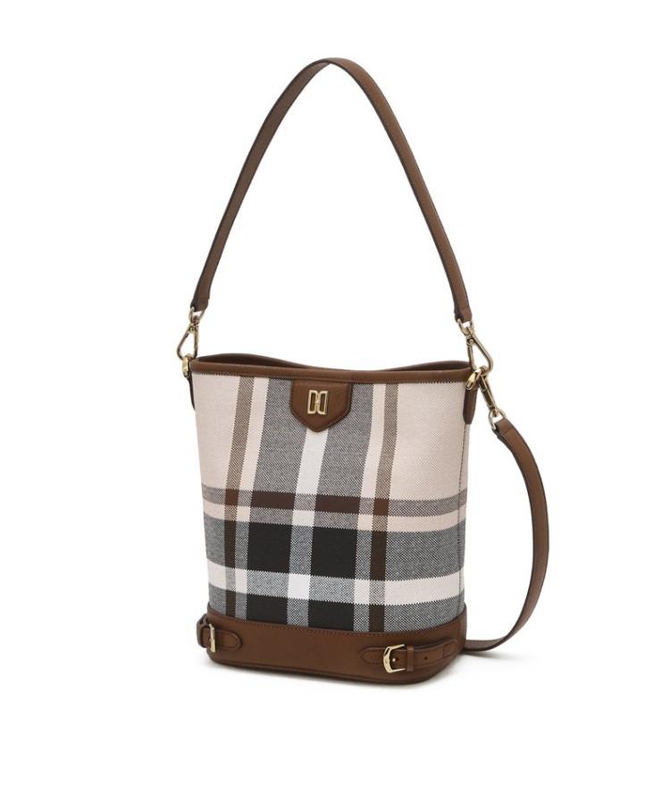 Daks Womens Accessories Tartan Check Light Brown Leather Bucket Shoulder Bag_Dcba6E714W2