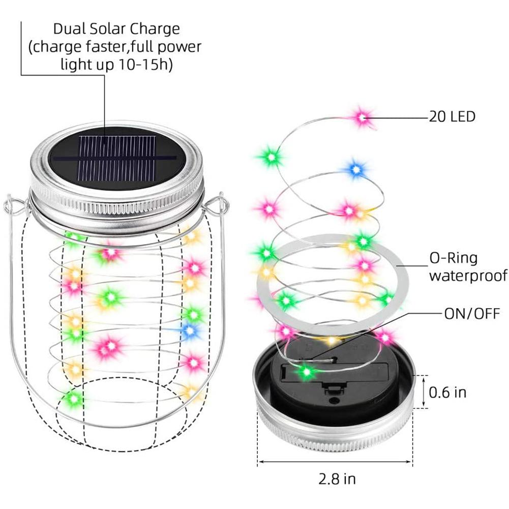 Solar Glass Jar Lid Lights 20 LED Fairy String Lights 6 pcs Lid Lights with 6 pcs Hangers for