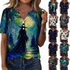 Women's Halloween Print V-Neck Short Sleeve Button Down T-Shirt