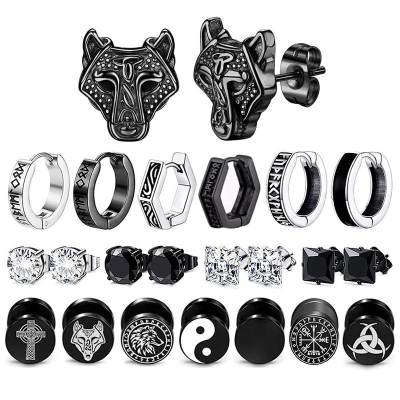 1 Pair Gothic Viking Rune Stud Earrings For Women/Men Stainless Steel Cubic Zirconia Rock Punk Piercing Jewelry