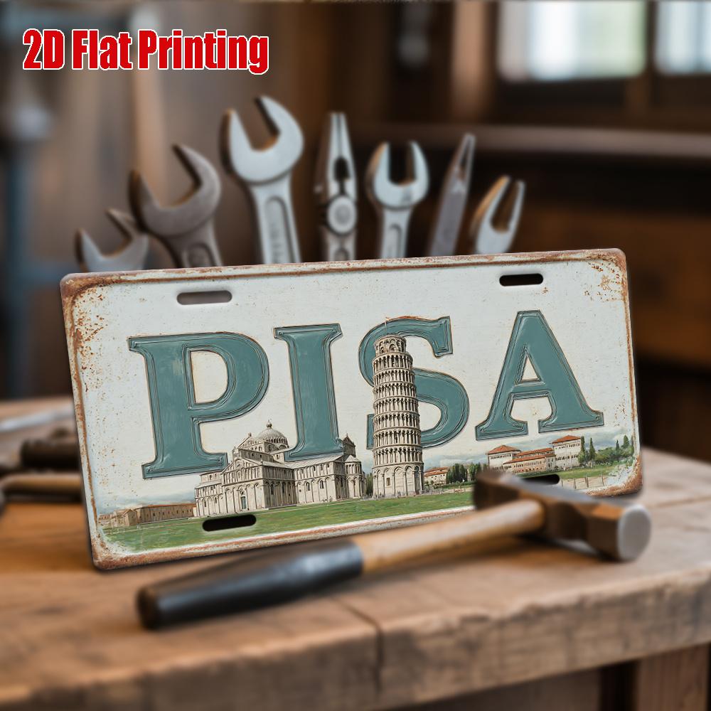 2D Flat Printing, Vintage Metal Sign, for Decorationg Only, Outdoor Wall Art, Pisa Italy Leaning Tower Retro Aluminum Sign