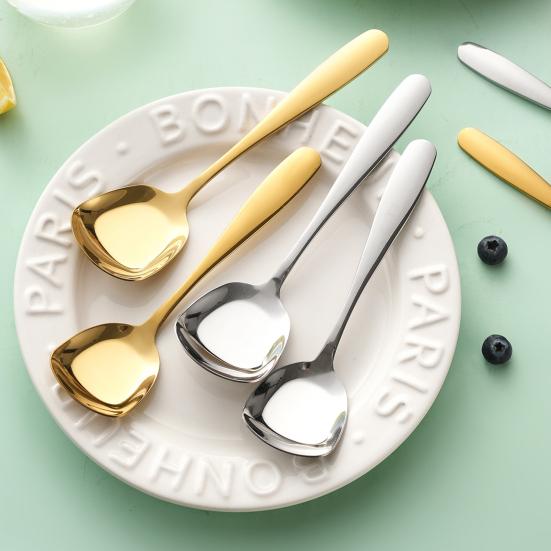 Yousheng Stainless Steel Square Head Soup Spoon Flat Bottom Anti-Spill Soup Ladle Thickened Ergonomic Handle Serving Utensil for Pasta Salad