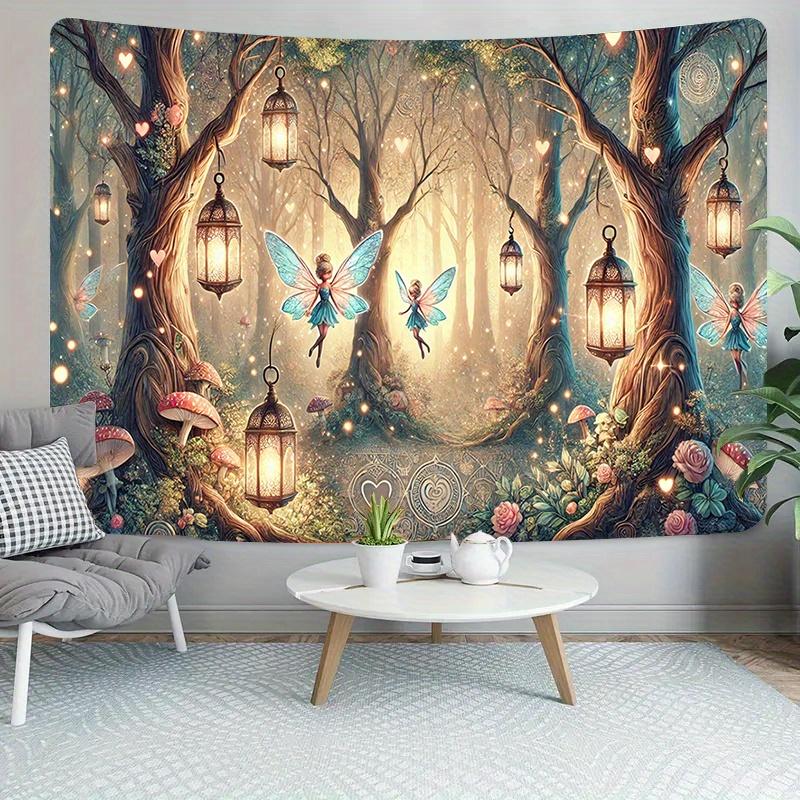 Enchanted Forest Fairy Tapestry With Glowing Lanterns And Mushrooms, Magical Polyester Wall Hanging For Living Room Decor
