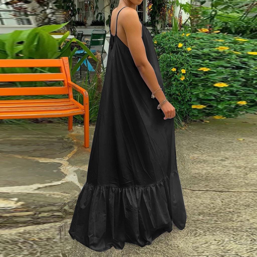 Women Fashion Casual Solid Strap Dress Pocket Loose Backless Big Swing Dress