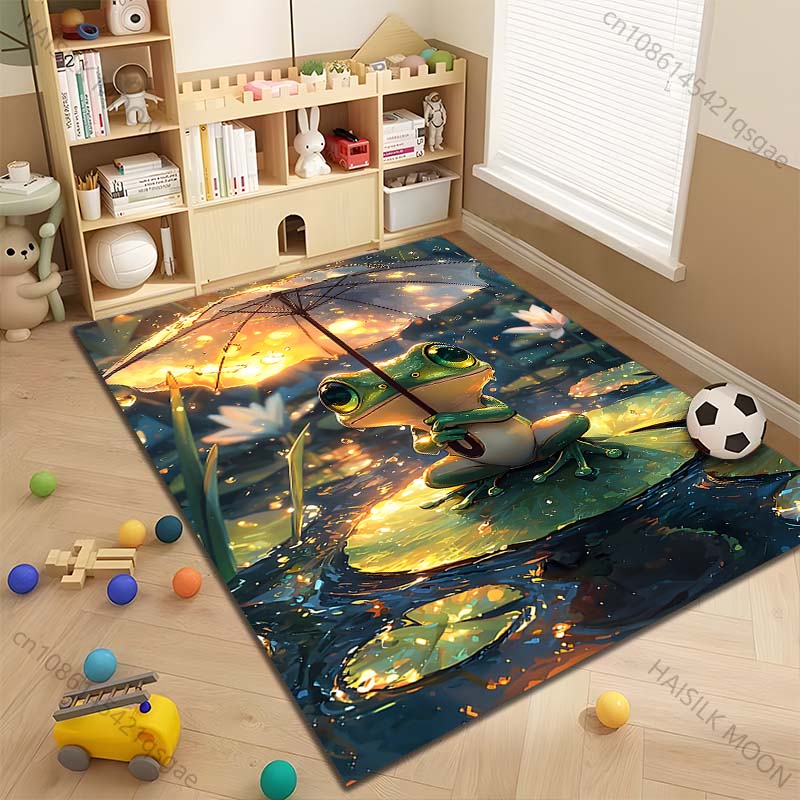 Multiple Sizes Frog with Umbrella On Lily Pad Print Carpet Rug for Living Room Bedroom Sofa Doormat Home Decor Non-slip Mat