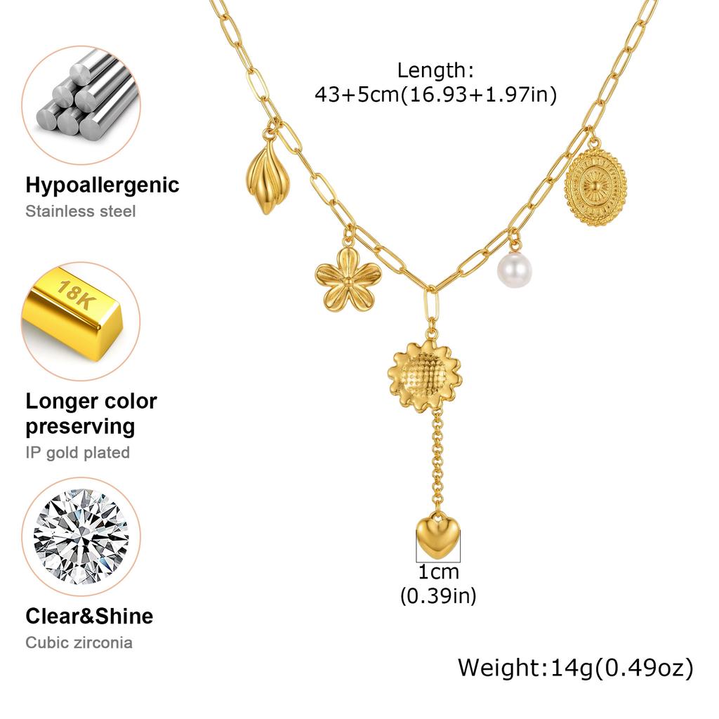 Trendy Stainless Steel Conch Sun Flower Pendant Necklace Heart Tassel Charm Necklace for Women Luxury Non Fading Jewelry Gifts