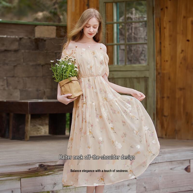 Yellow Floral Puff Sleeve French Style Midi Dress M