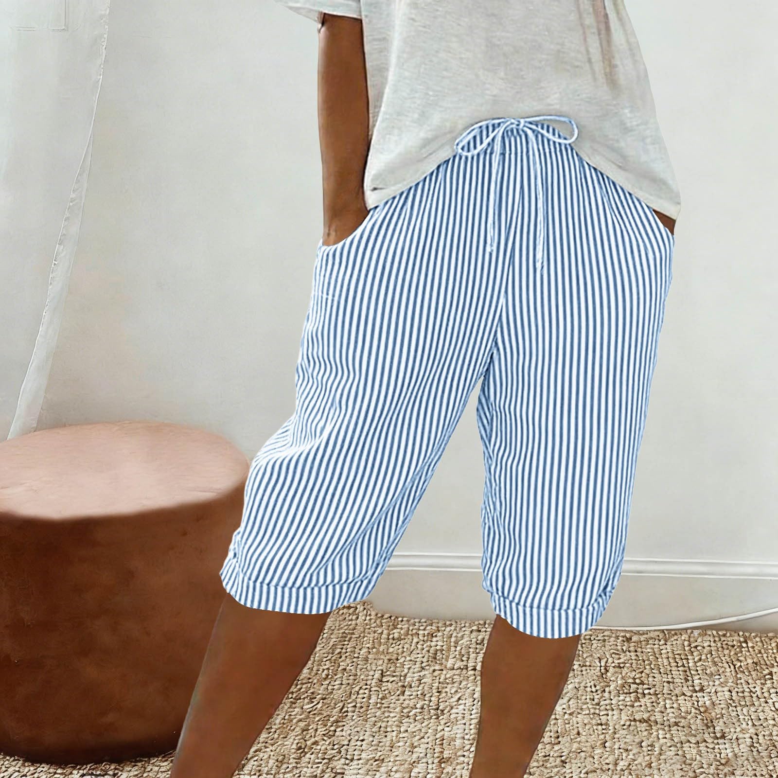 Women s Fashionable Striped Printed Loose Drawstring Cotton Linen Casual Five Quarter Pants L синий