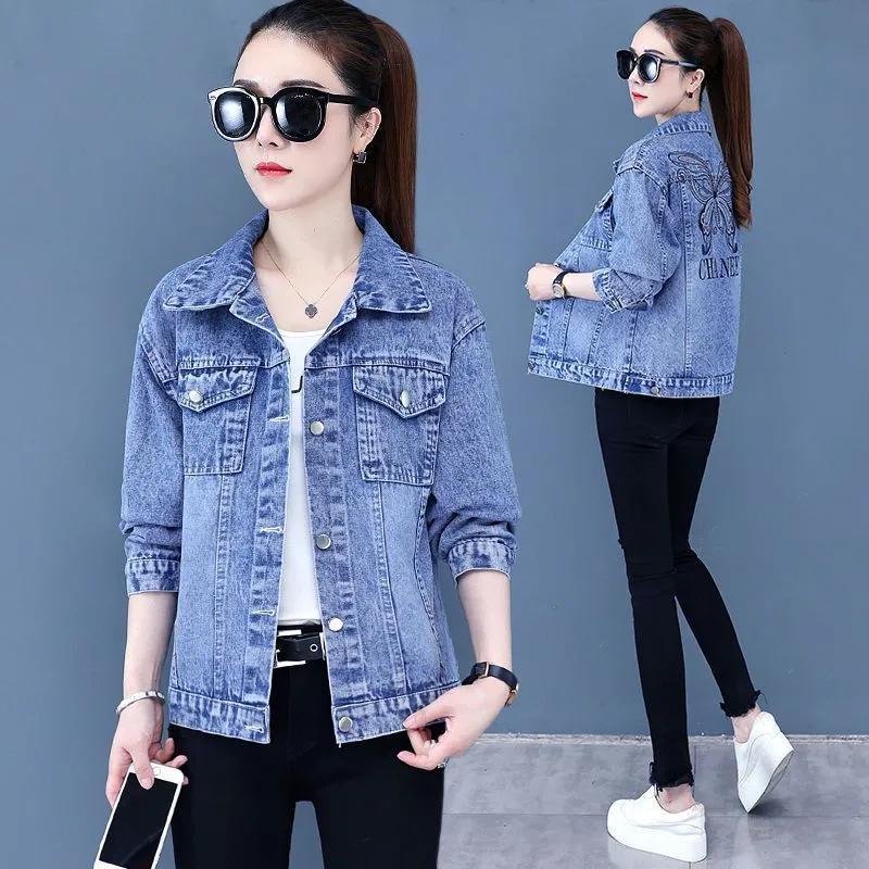 Women's Spring and Autumn Denim Jacket Small Design Solid Color Round Neck Jacket