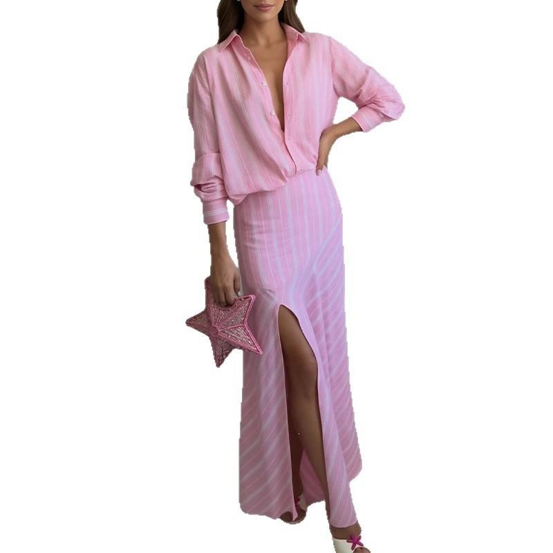 2026 Womens Elegant Striped Collar Shirt Split Hem Maxi Skirt Set - Lightweight Comfortable Office Casual Ensemble