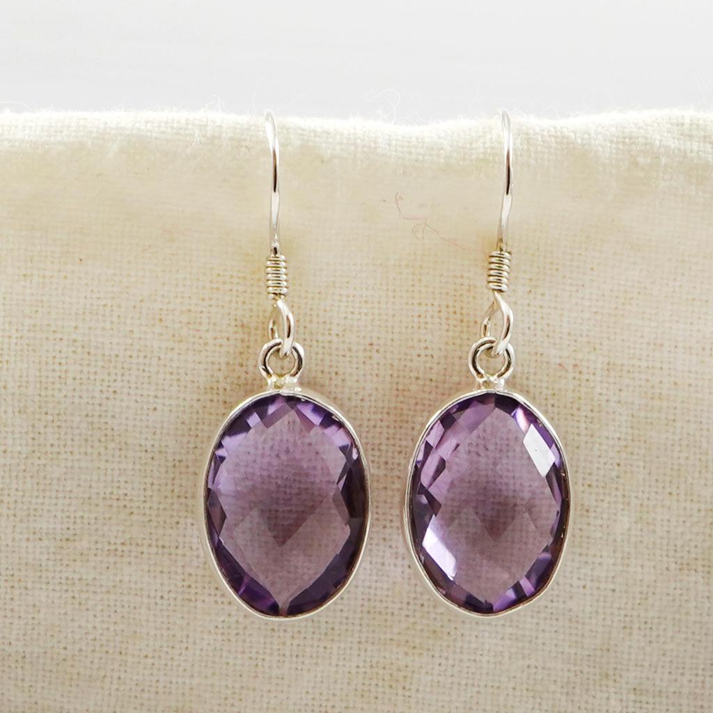 Natural Amethyst Earrings, Handmade Earrings, 925 Sterling Silver Oval Checker Amethyst Earring, Present for Her, February Birthstone