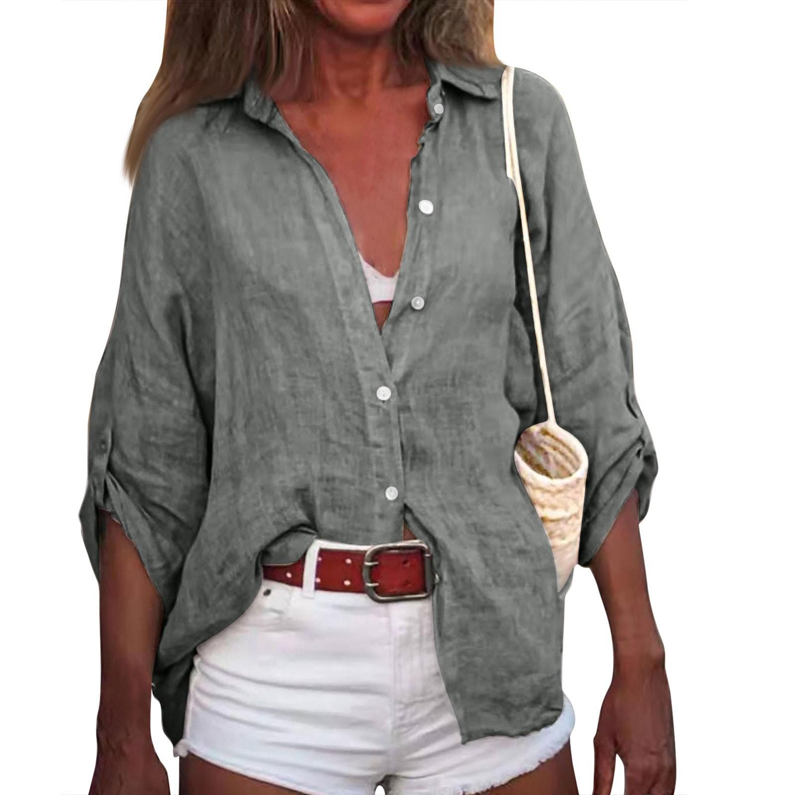 

Женская летняя хлопково-льняная однотонная свободная рубашка с семиточечным рукавом и v-образным вырезом XL