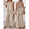 Set da donna casual alla moda, tinta unita, schiena con intaglio floreale, elegante, due pezzi