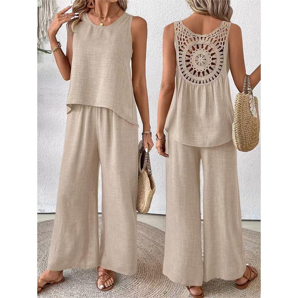 Set da donna casual alla moda, tinta unita, schiena con intaglio floreale, elegante, due pezzi