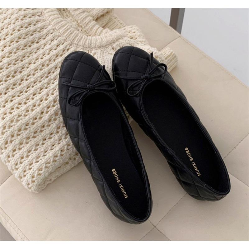 New Black Spring New Round Head Bow Flat Bottom Ballet Single Shoe Shallow Mouth Women's Mary Janes Shallow Solid  Leather Shoes