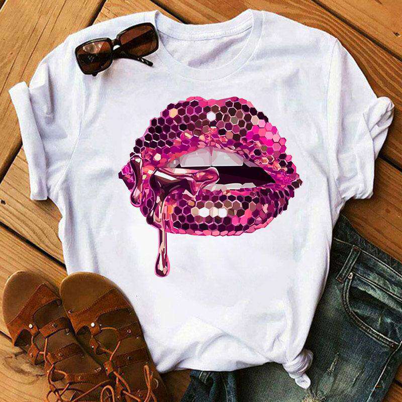 Lippen Reine Baumwolle Bedruckt Unisex und Damen Modetrend T-Shirt Sommer Neu Personalisiert Rundhals Locker Lässig T-Shirt