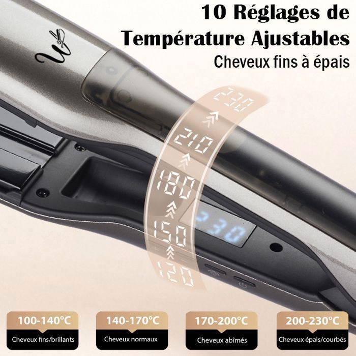 Lisseur Boucleur Vapeur - WENZYLIQUOX - Pro - 10 temp. (jusqu'à 230°C) - Plaques céramique - Vapeur brevetée