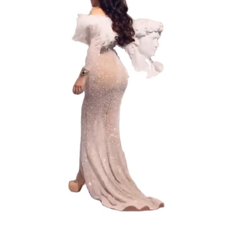 2025 Gold Feather Split Evening Gown - Sexy European & American Style Women's Dress