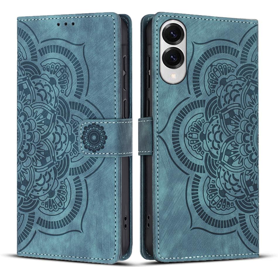 

For Samsung Galaxy S25 Edge Leather Case WANLONFENG HDM Series Mandala Imprint Wallet Stand Phone Cover Blue