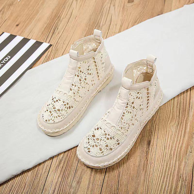2026 Ny Sommar Dam Spets Hålmönster Höga Plattbottnade Stövlar Mjuk Sula Halkfri Andningsbara Slip-On Ankelstövlar