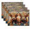 4pcs/6pcs Highland Cow Farmhouse Floral Pattern Placemats, Suitable for Kitchen And Dining Room Decor, Home Decoration, Scene Decoration, Seasonal