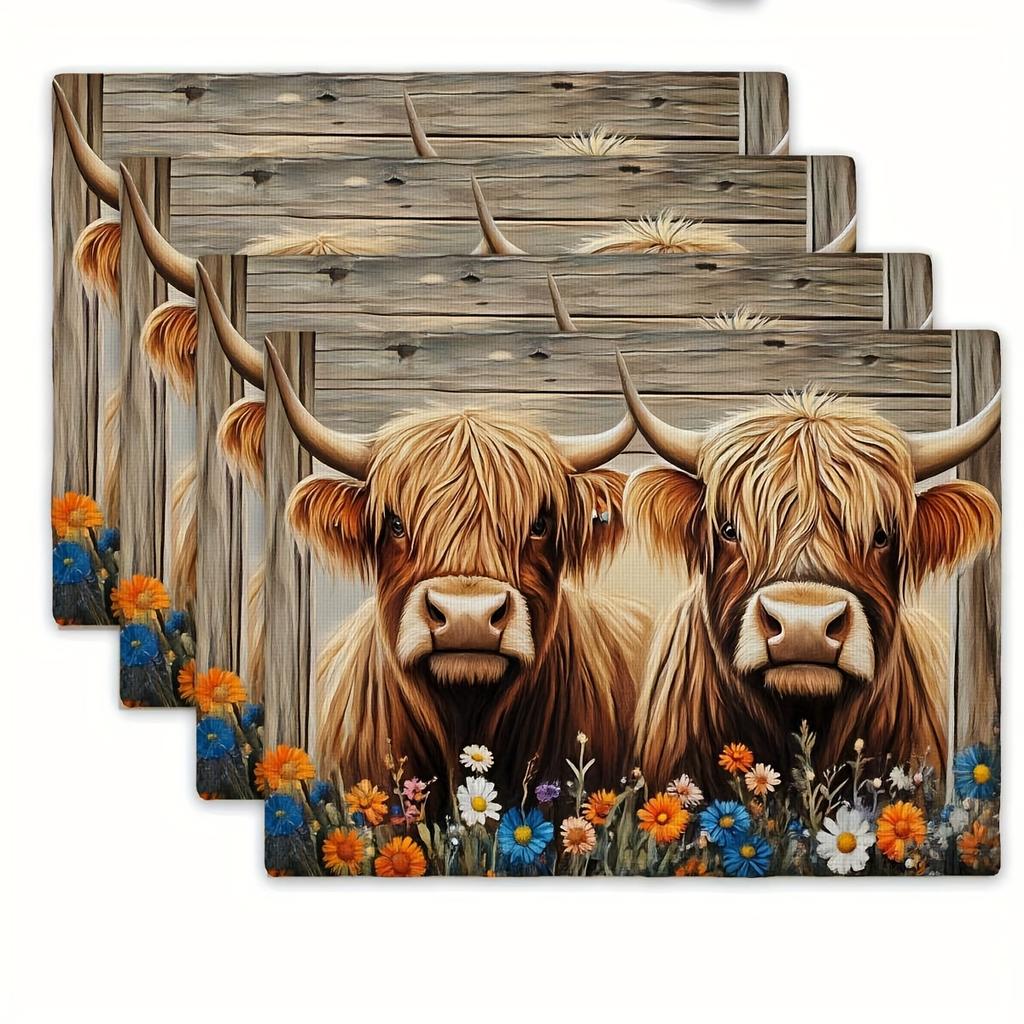 4pcs/6pcs Highland Cow Farmhouse Floral Pattern Placemats, Suitable for Kitchen And Dining Room Decor, Home Decoration, Scene Decoration, Seasonal