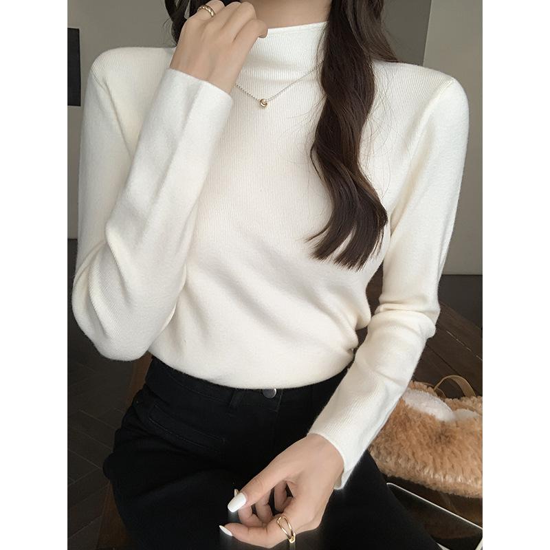One-piece velvet inner half turtleneck long-sleeved sweater autumn and winter plus velvet small fragrant style layered bottoming sweater thick top