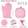 Pink Heat Resistant Oven Mitts and Potholders Set, 2 Packs of Quilted Gloves and 2 Packs of Heatproof Pads, Strong Grip for Hot Pans, Ideal for