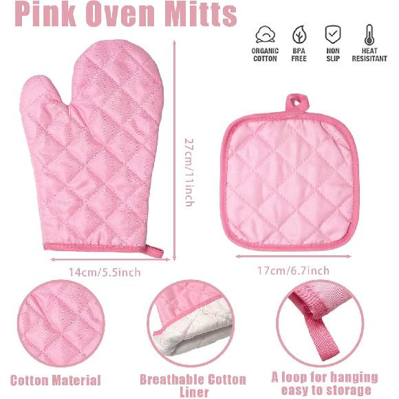 Pink Heat Resistant Oven Mitts and Potholders Set, 2 Packs of Quilted Gloves and 2 Packs of Heatproof Pads, Strong Grip for Hot Pans, Ideal for