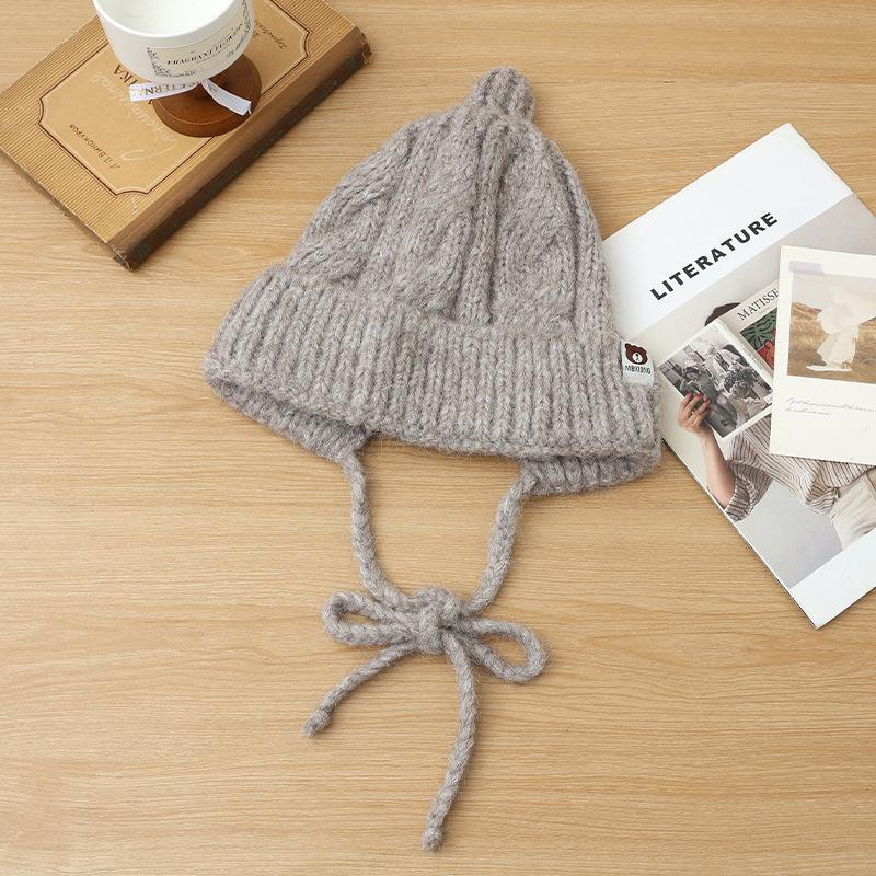 Korean Version of Versatile Bear Patch Strap Wool Hat Autumn and Winter Fashion Retro Pullover Hat Outdoor Casual Warm Hat New