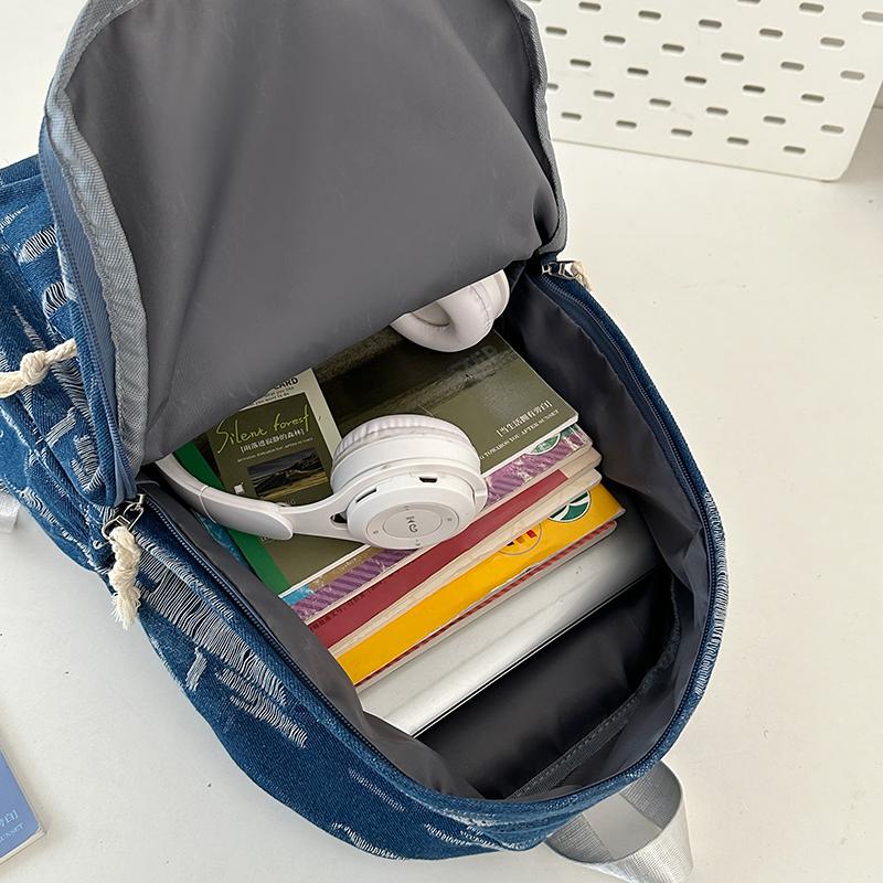 Denimryggsekk med stor kapasitet i collegestil, student-skolesekk, damereiseveske