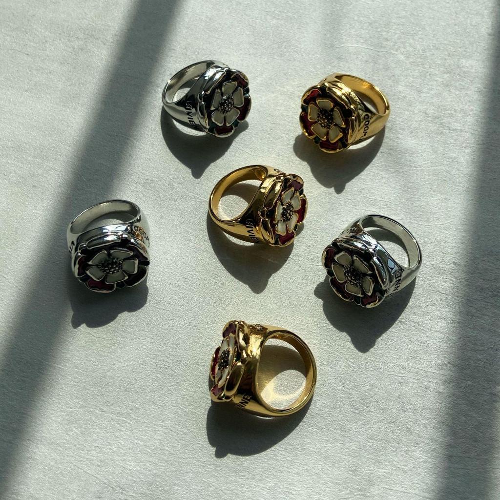 Gilt Copper Cloisonné Enamel Tudor Rose Ring Inspired by Empress Dowager Cixi's Vintage Style