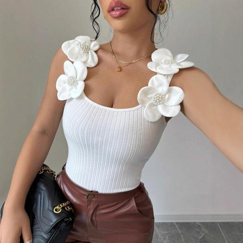 

European and American Vest Women Summer New Fashion Temperament Leisure Three-Dimensional Flower Decoration Knitted Sleeveless Top Sports T-shirt White(No chest pad) XL(67.50 kg-75.00 kg)