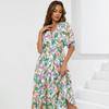 2025 Summer New Women's Batwing Sleeve Deep V Waist Trimming Printing Dress Beach Vacation Dress