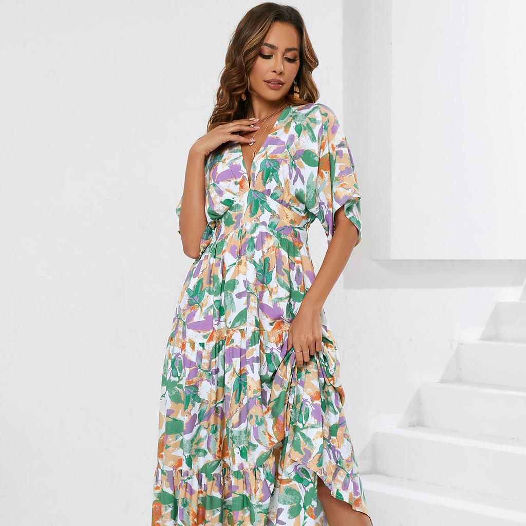 2025 Summer New Women's Batwing Sleeve Deep V Waist Trimming Printing Dress Beach Vacation Dress