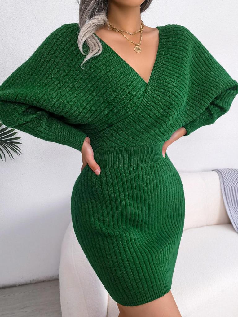 Svetrové šaty s výstřihem do V a křížením, jednobarevné, elegantní, s dlouhým rukávem, bodycon, volné šaty, ležérní netopýří šaty
