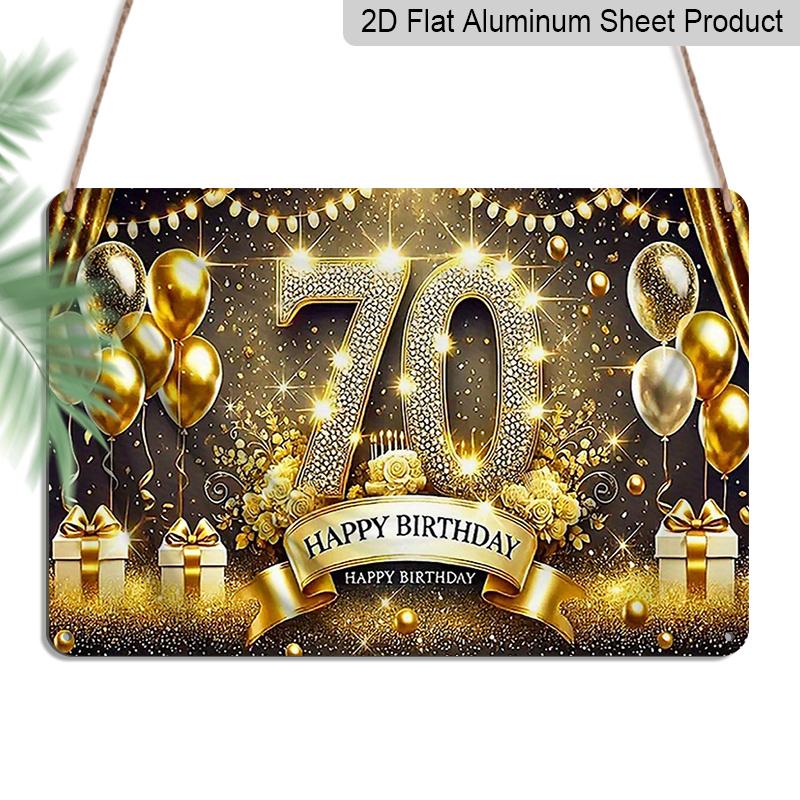 

2D Flat, 1pc 70th Happy Birthday Gold Glitter Aluminium Plaque Sign 12x8 Inch - Black & Gold 70th Birthday Balloon Design, Metal Wall Decor for 20*30cm