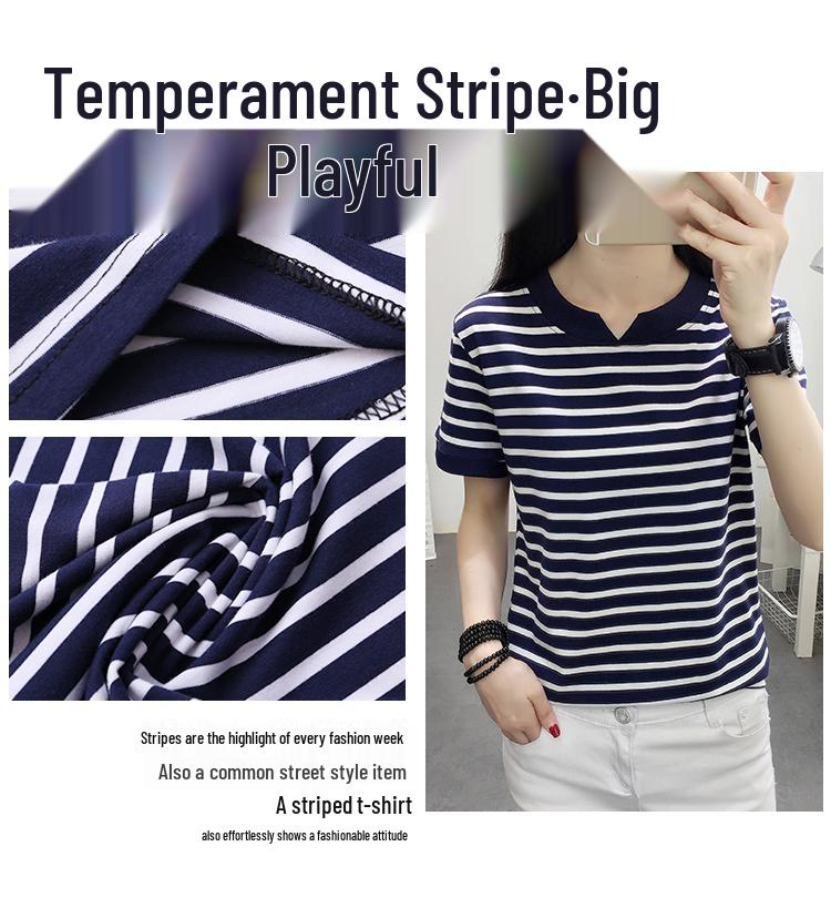 2024 Summer V-neck Korean Style Loose Fit Short Sleeve T-shirt for Women