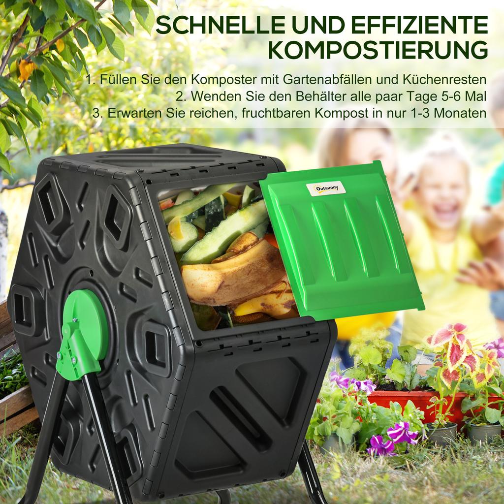 65L Garden Compost Bin, Single Chamber Rotating Composter, Compost Maker with 24 Ventilation Openings and Steel Legs