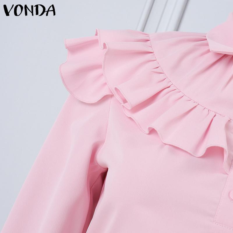 VONDA Women Elegant Lapel Ruffled Solid Color Long Sleeve Dresses