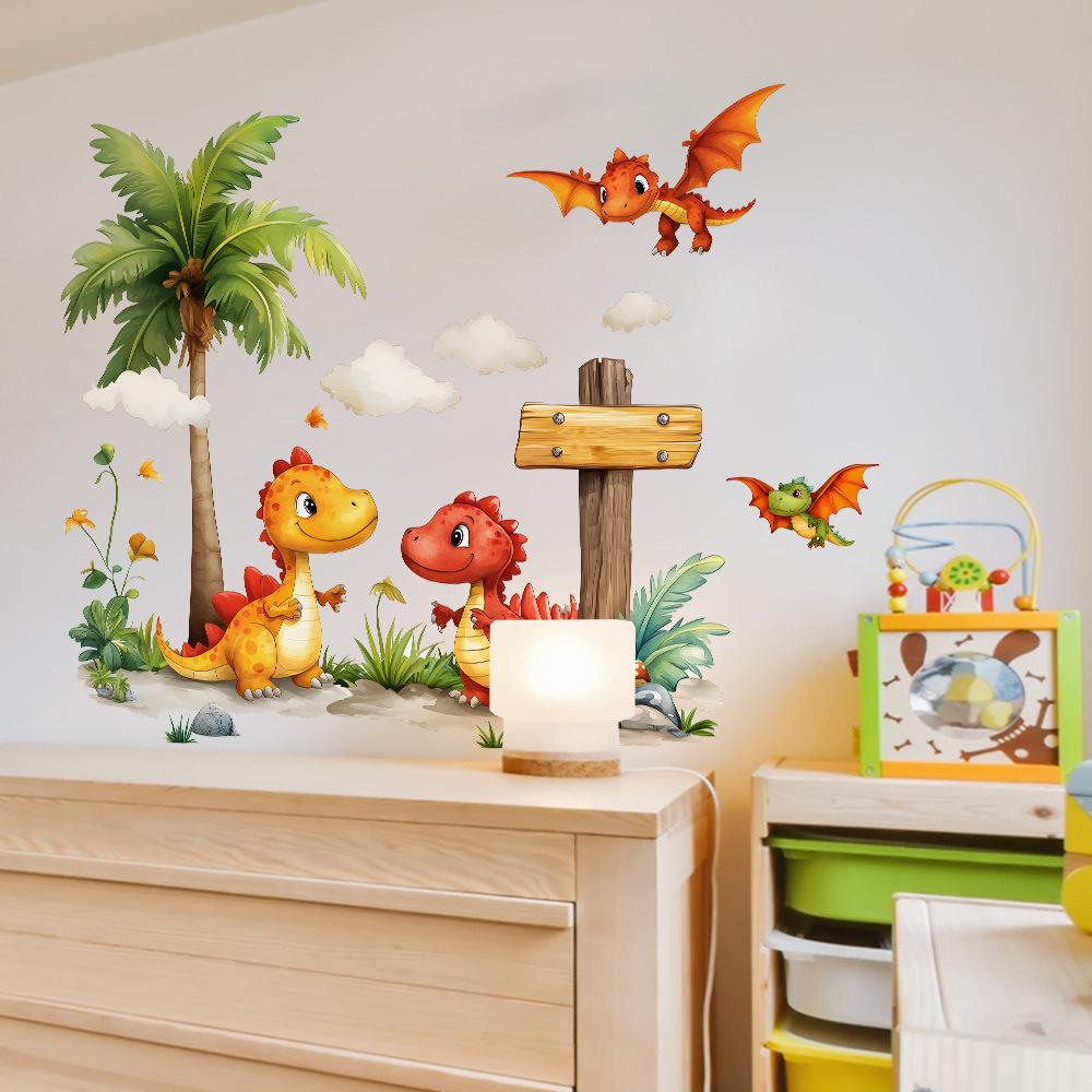 2 Pcs Cartoon Small Dinosaur Children's Bedroom Kindergarten Background Wall Beautification Decoration Wall Stickers
