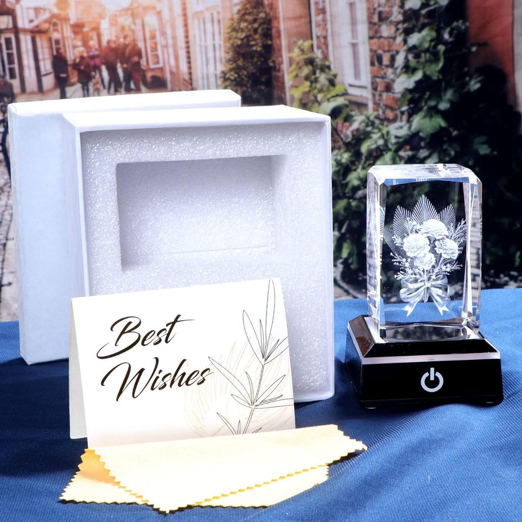 Birthday Day Popular Mother Wife Present K9 Crystal Carnation Bouquet LED Light Base USB Charging Figurine Gift for Mother Stylish Glass Figurine Home