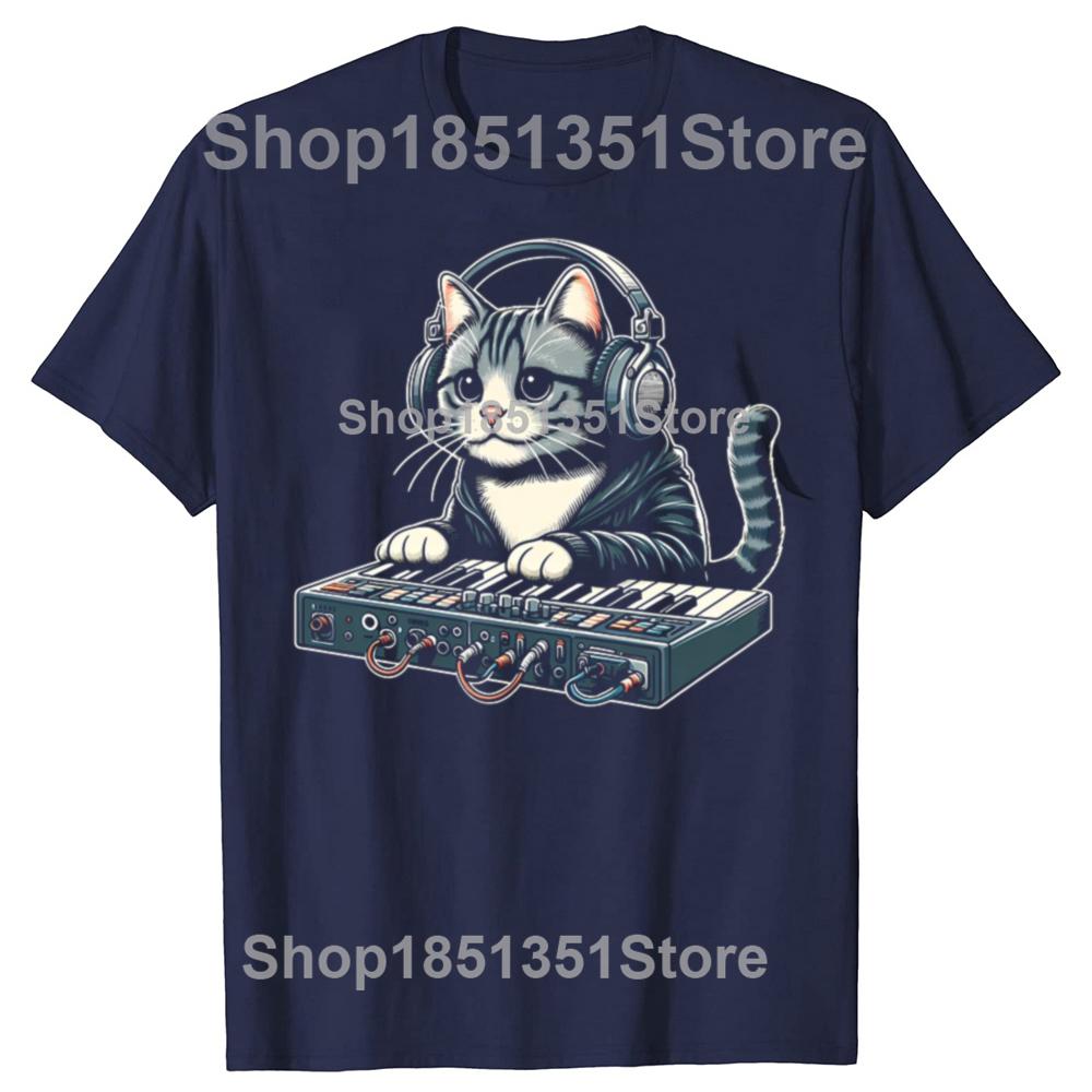Funny Cat Synthesizer Music Synth Electro Techno Graphic Tshirts Men Fashion Casual Tshirt 100 Cotton Loose Oversized T Shirt