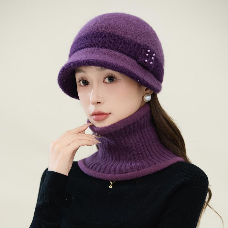 Autumn and Winter Middle Aged and Elderly Hats for Women  Pearl Ribbon and Velvet Rabbit Hair Equestrian Hat  Cold Proof and Warm Knitted Scarf Set