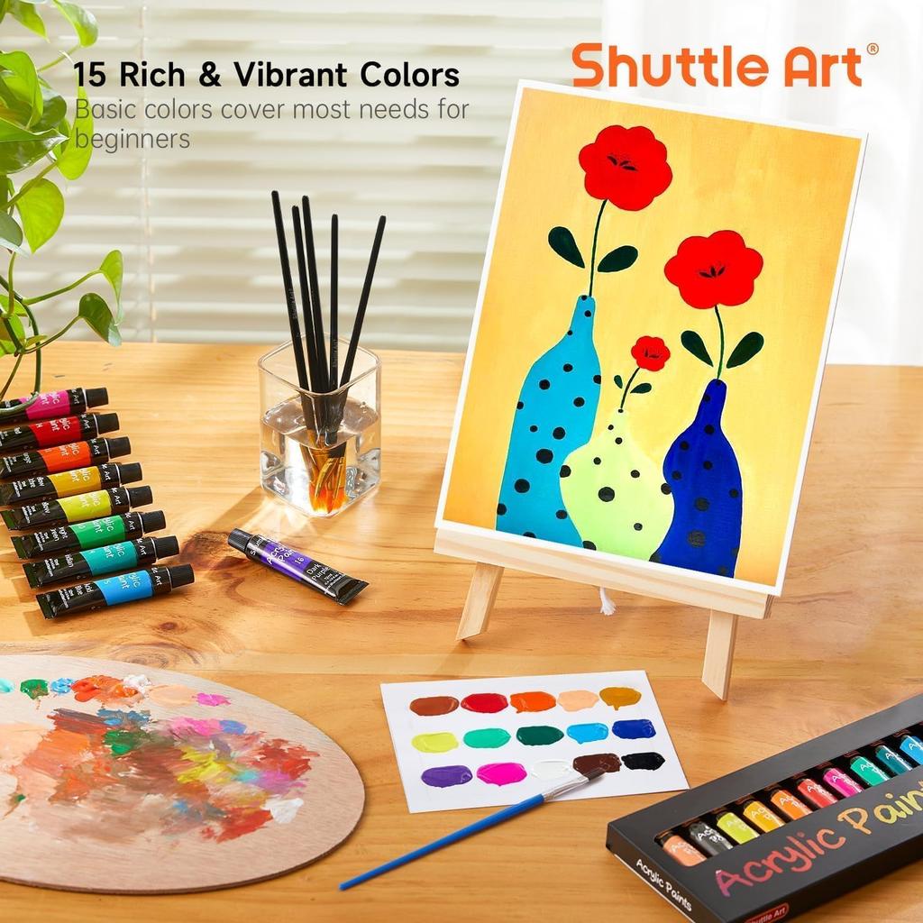 Shuttle Art Acrylic Set with 15 Includes Wooden Canvas and and Perfect for and Tole Suitable for and Perfect for and Paints, 69-Piece Colors, Easel,