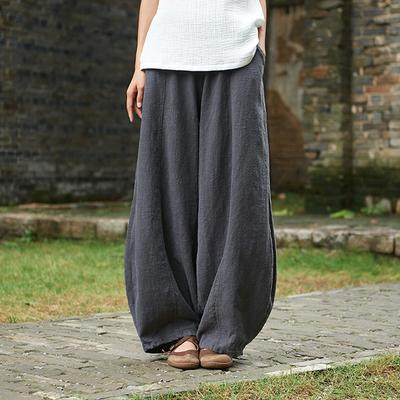 Spring Summer Cotton Linen Style Bloomers Wide Leg Pants Women Vintage Full Length Elegent Pants Solid Elasitic Waist