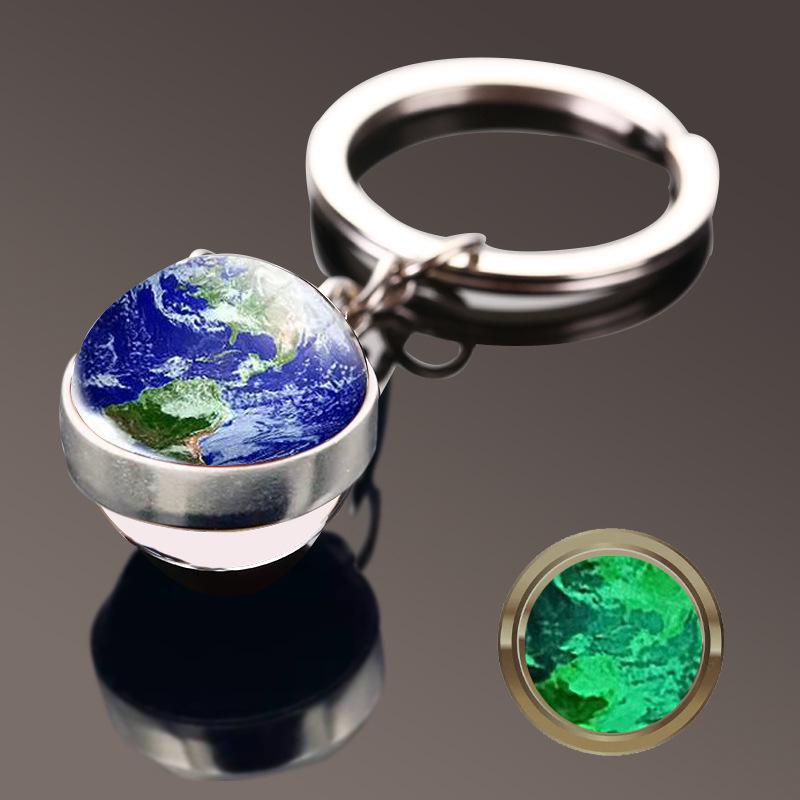 Double-Sided Glass Galaxy Keychain with Moon, Earth, Mars Pendants
