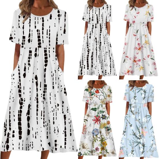 Populär lös klänning för kvinnor O-hals Hög midja Tvättbar Dam Shopping Casual Midi-klänning bröllop